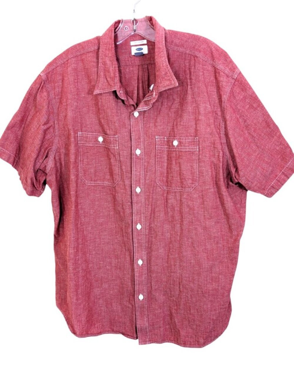 Old Navy Slim Fit Button Down Shirt Men XXL Red Chambray Pockets Boho Coastal